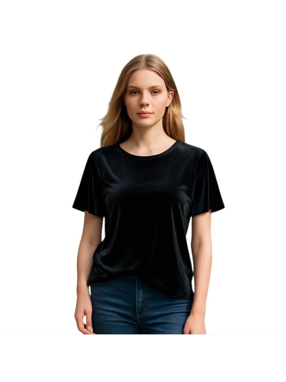 Ann Taylor Black Velvet Short Flutter Sleeve Round Neck Blouse Size Medium